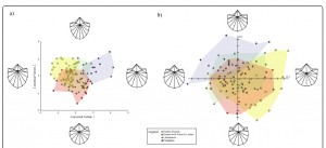 Distribution de la variance des vertèbres T12/T13. Points jaunes humains en bonne santé, points rouges malades du dos, triangle rouge chimpanzés, ronds bleus orangs outangs. (a : Analyse Canonique, b : Analyse en Principale Composante). Fig.2 in réf. 1