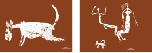 A gauche, un dingo représenté dans une grotte situé à 200 km au Sud Est de Darwin. A droite une autre représentation qui suggère que le dingo avait un statut d’animal domestique (d’après réf. 1)