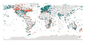 Localisation des sites qui ont permis de construire la base de données pour établir le Living Planet Index. En vert situation des localités étudiées avant 1970, en orange les nouvelles localités depuis renseignées.